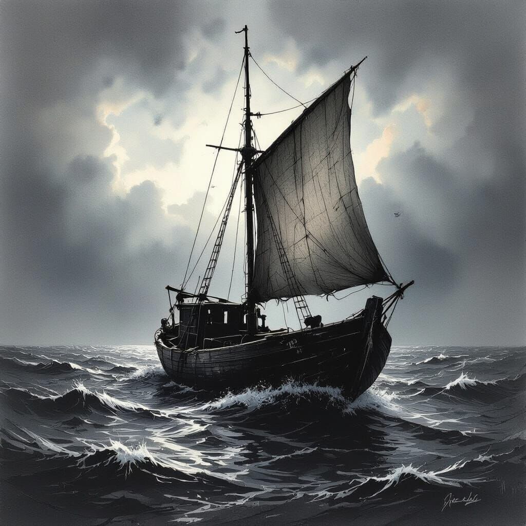 Ink Drawing of a Lone Sailboat on a Stormy Sea
