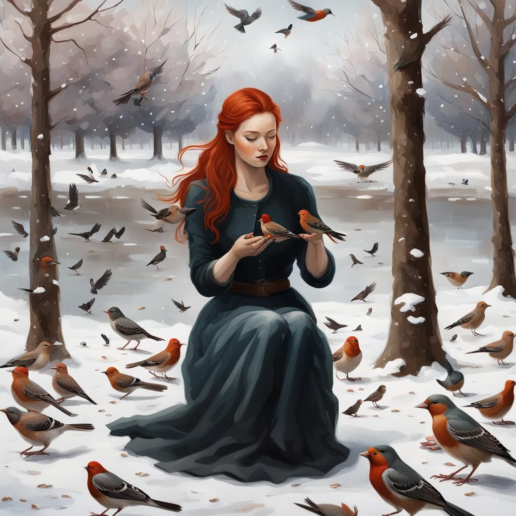 Woman with Red Hair Feeding Birds in Winter