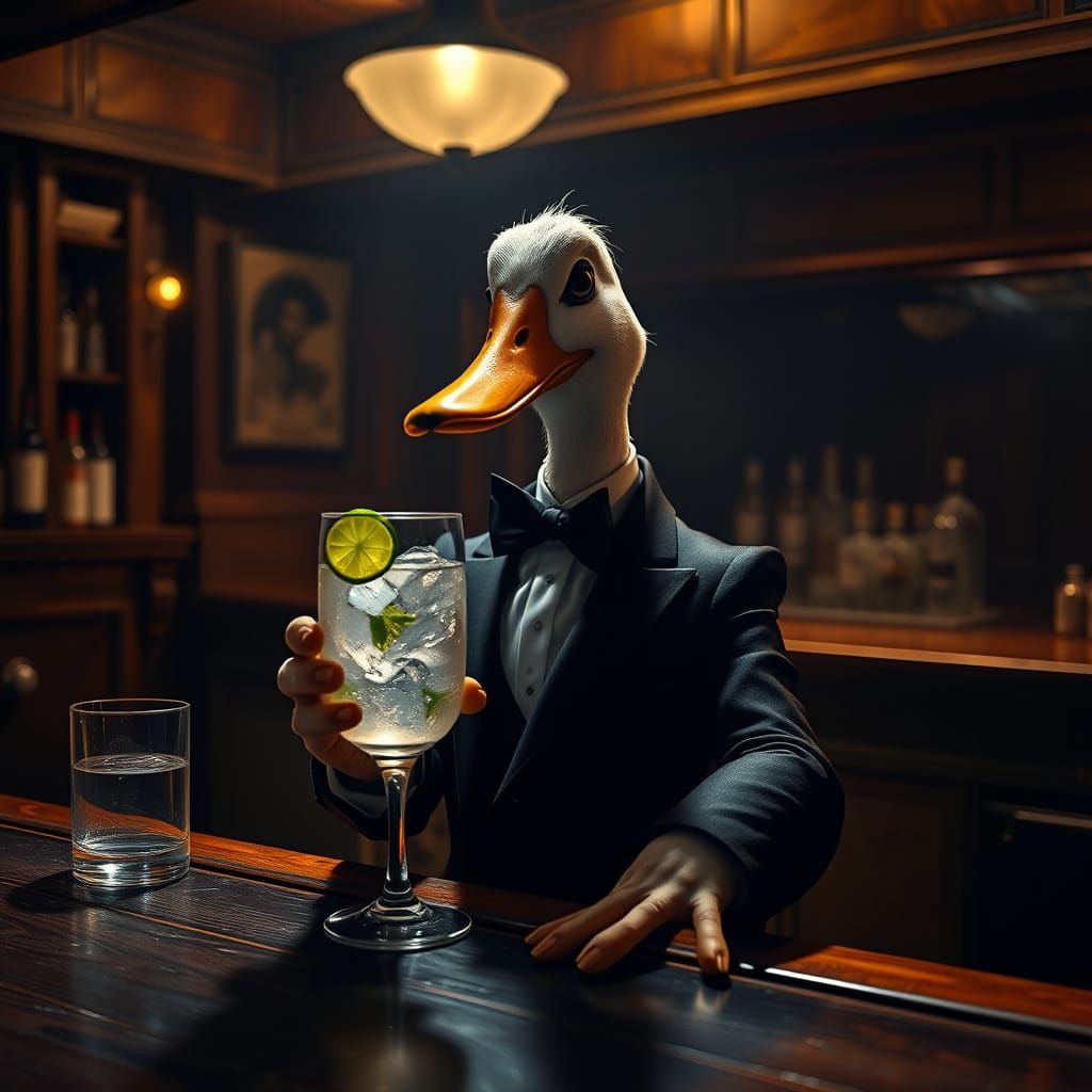 Dapper Duck Enjoys Gin and Tonic in Seedy Bar