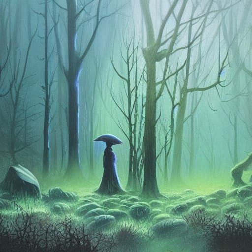 Alien Encounter in Mystical Forest: Surreal Oil Painting