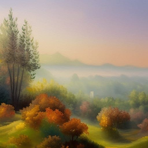 Foggy Landscape in Gouache Watercolor Style