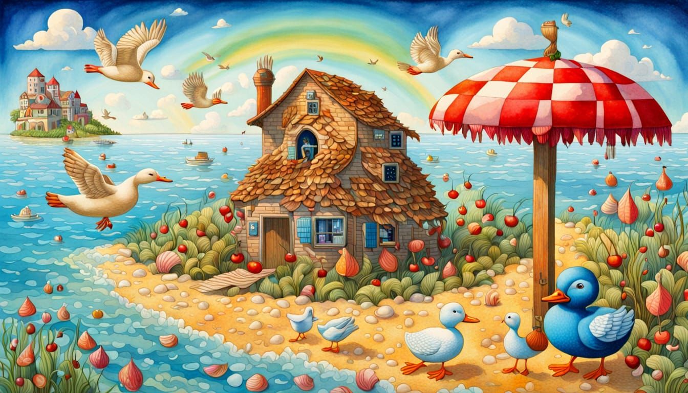 Cherry Beach Holiday: Aquarelle Painting with Duck