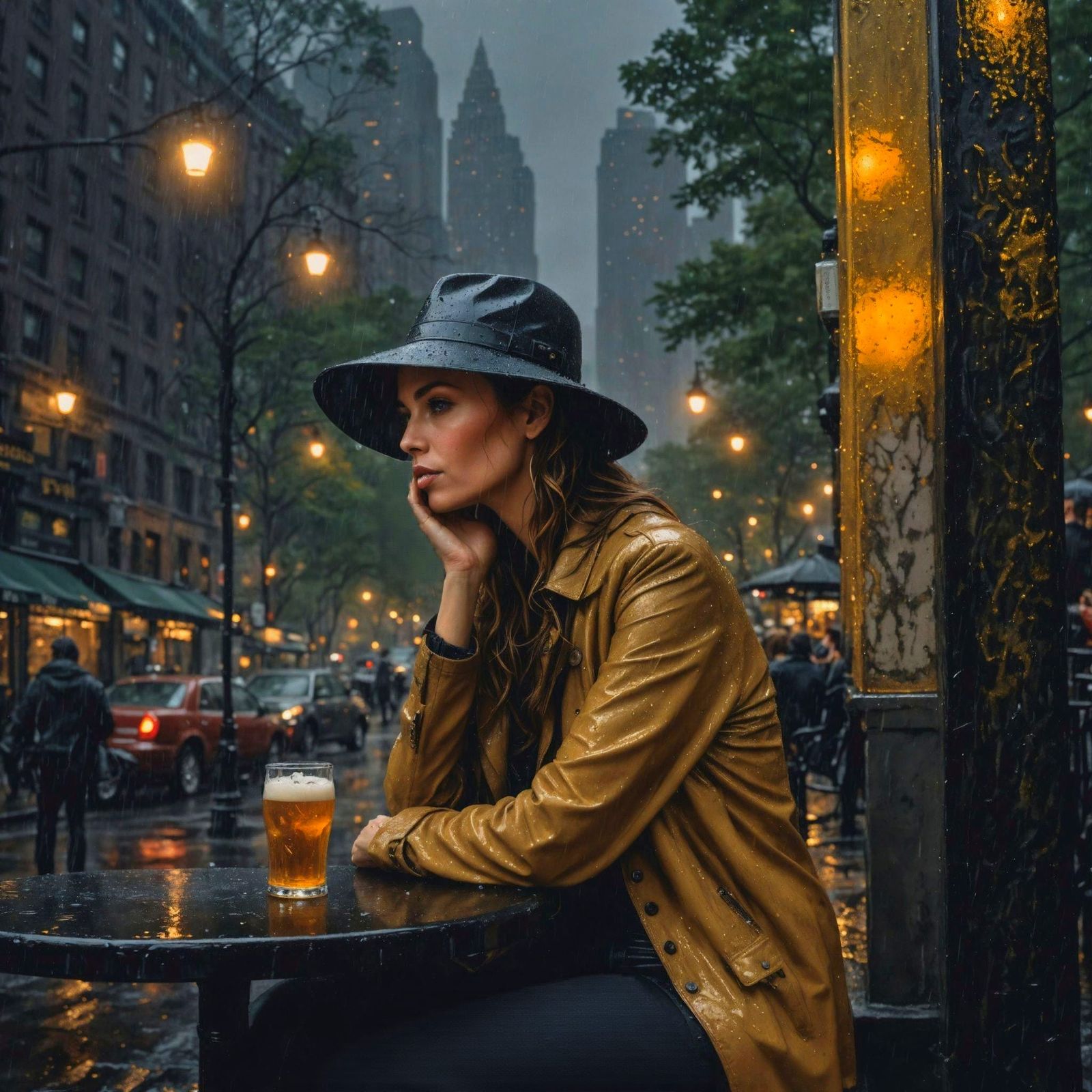 Woman Drinks Beer in Rainy New York Cafe