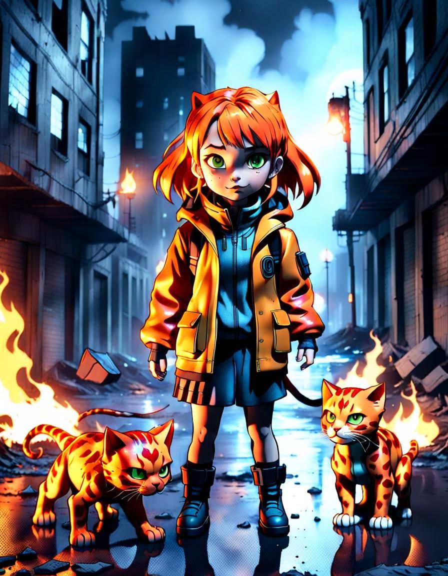 Comic. Girl is made of fire. With 2 big gragon fi...