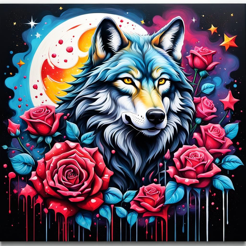 Wolf, Roses, Moon, and Stars in Graffiti Art