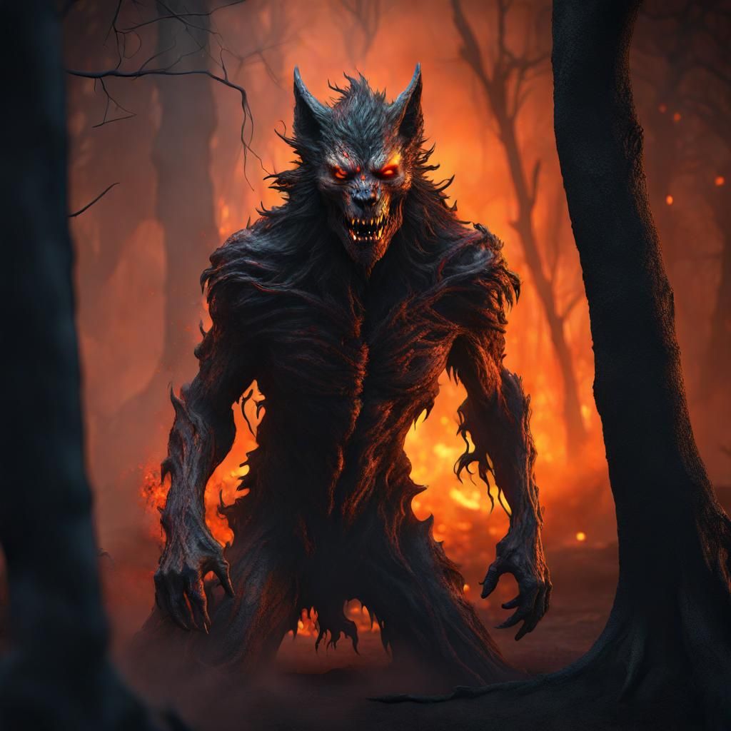 Fiery Undead Werewolf in Dead Forest: Digital Painting