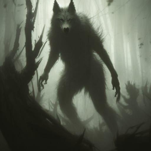 Wolf Monster in Dark Forest: Hyperdetailed Digital Art