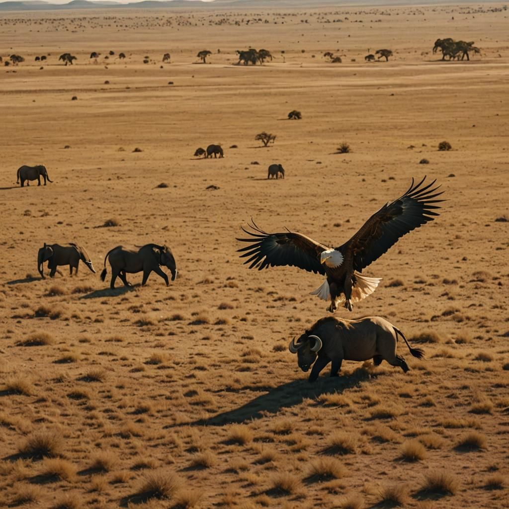 Eagle, Horse, and Elephant Soaring in Savannah