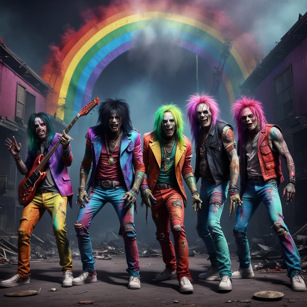 Motley Crue as Rainbow Zombie Band: Detailed Painting