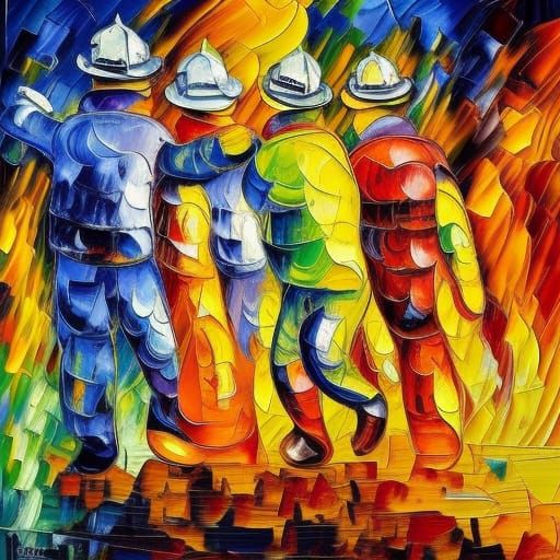Firefighters in Neo-Impressionist Oil Painting