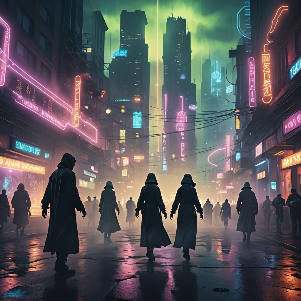 Neon Cityscape with Dancing Figures in a Surreal Style
