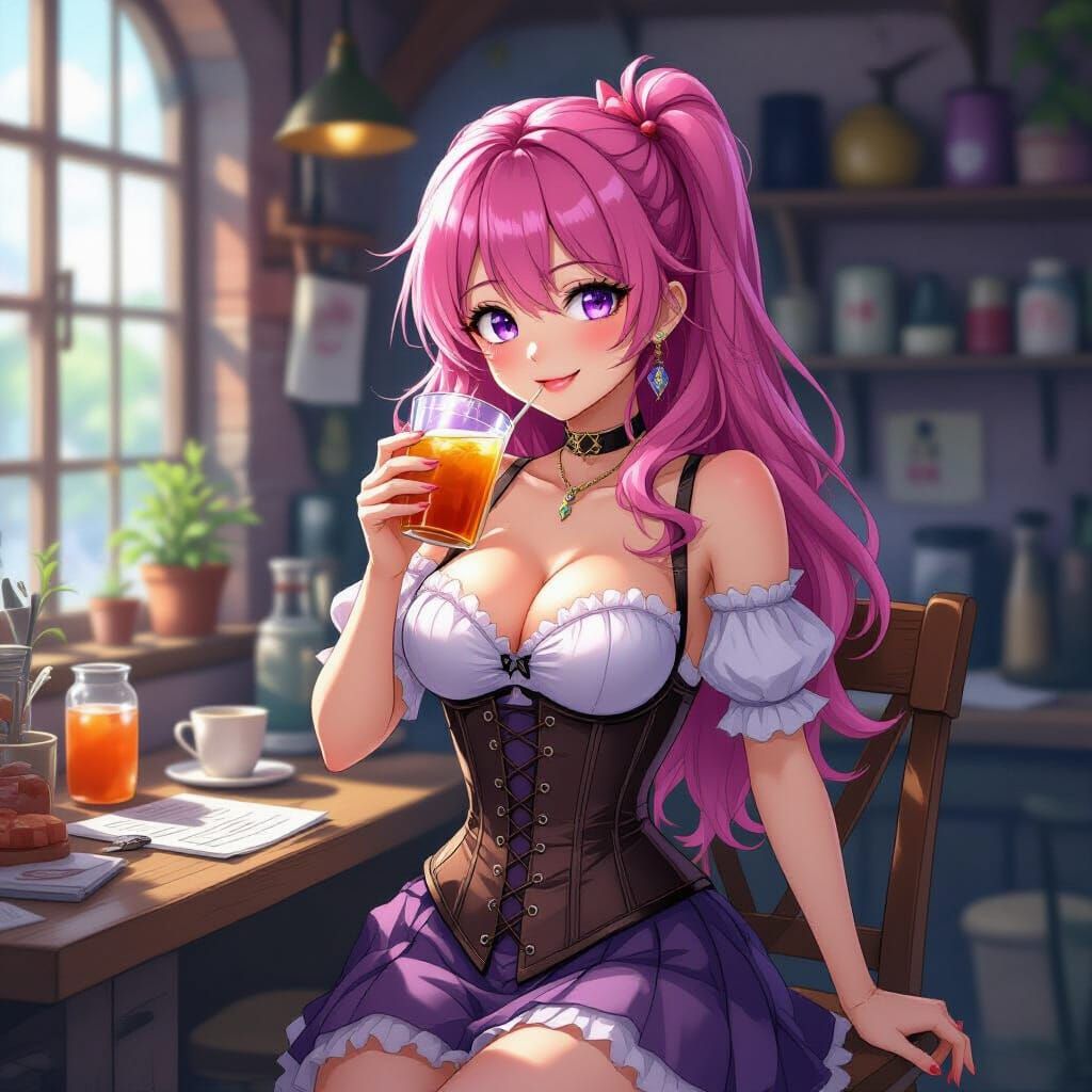 Pink Haired Woman Sipping Tea in Magical Workshop