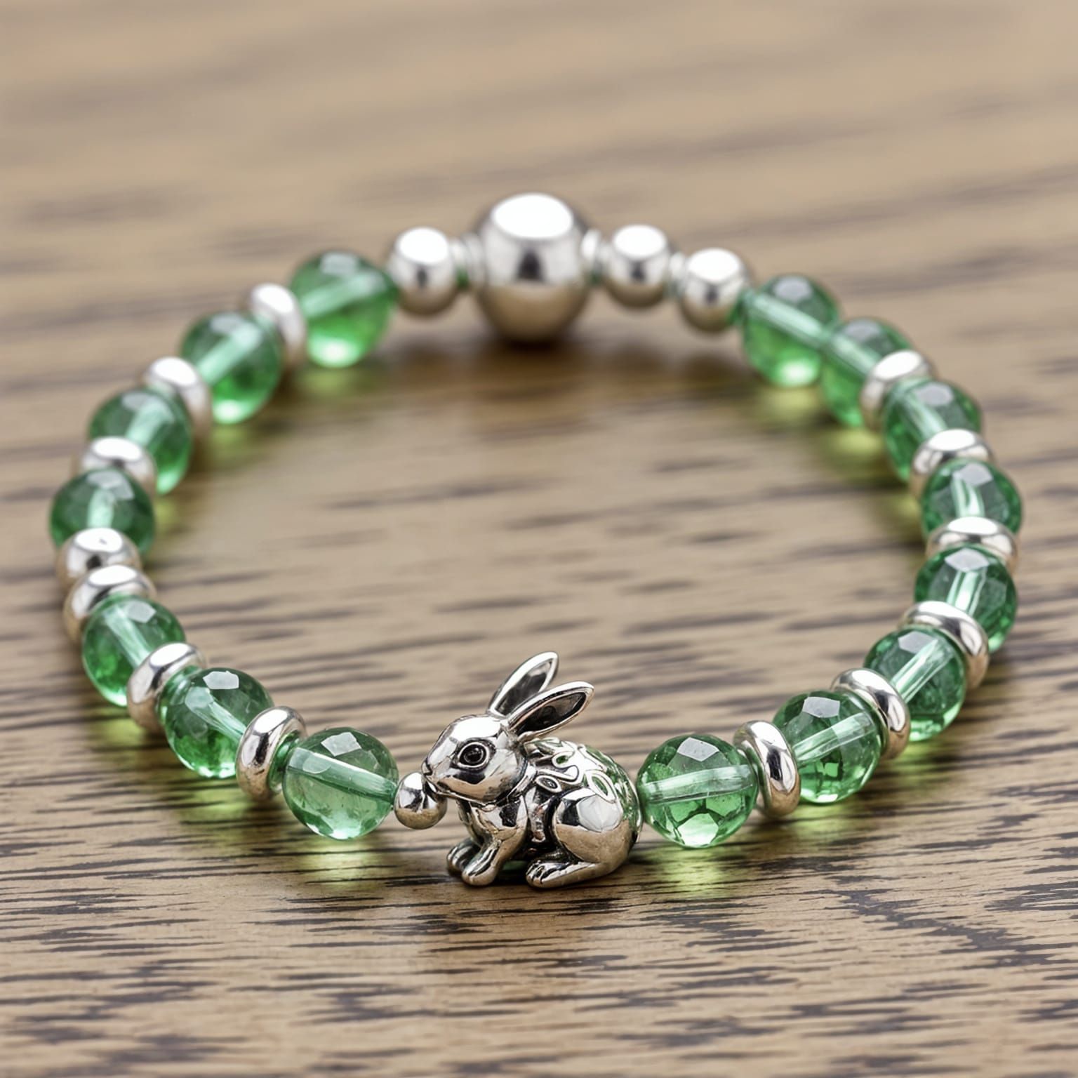 Silver Rabbit and Green Amethyst Beaded Bracelet