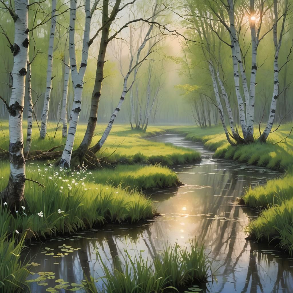 Create a realistic watercolor painting spring time image, mi...