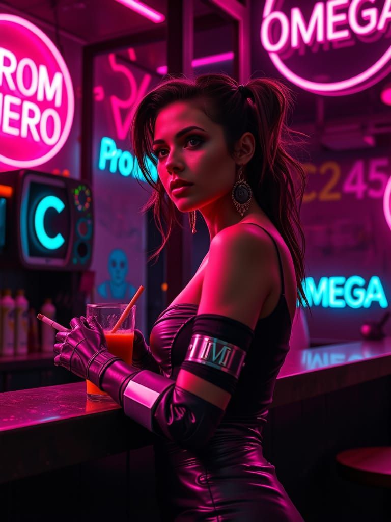 Cyberpunk Goddess in Neon Noir Bar