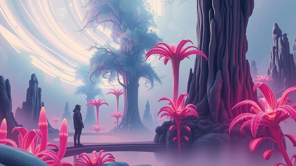 Surreal Sci-Fi Landscape with Iridescent Trees in 4K