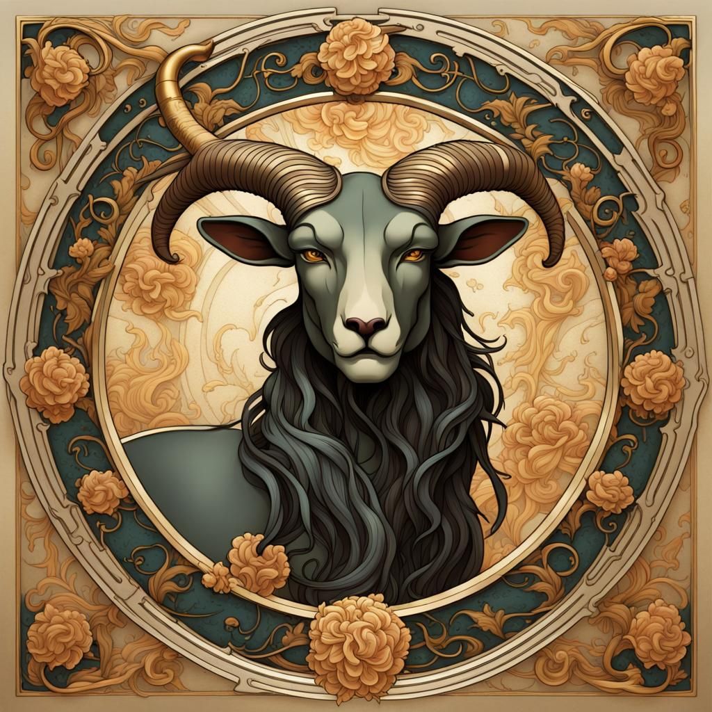 Art Nouveau Capricorn Zodiac Sign Illustration