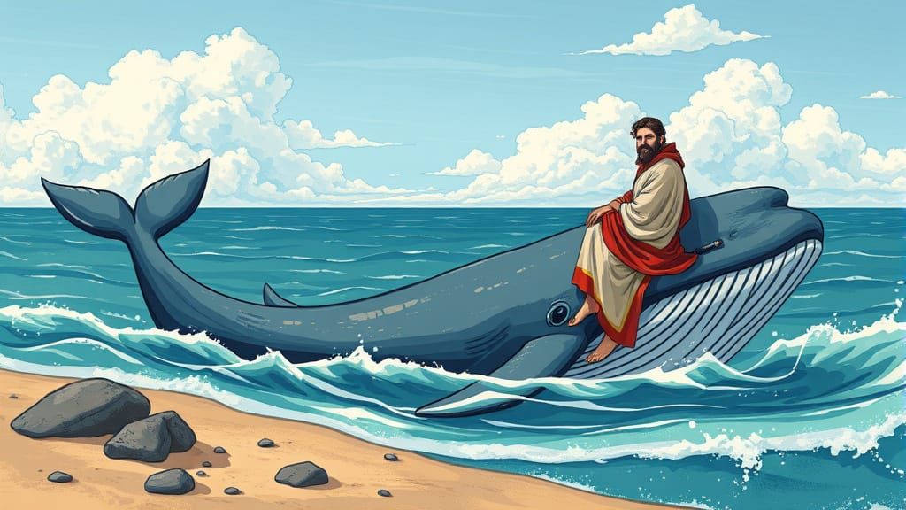 Jonah Riding the Whale to Shore in a Biblical Scene