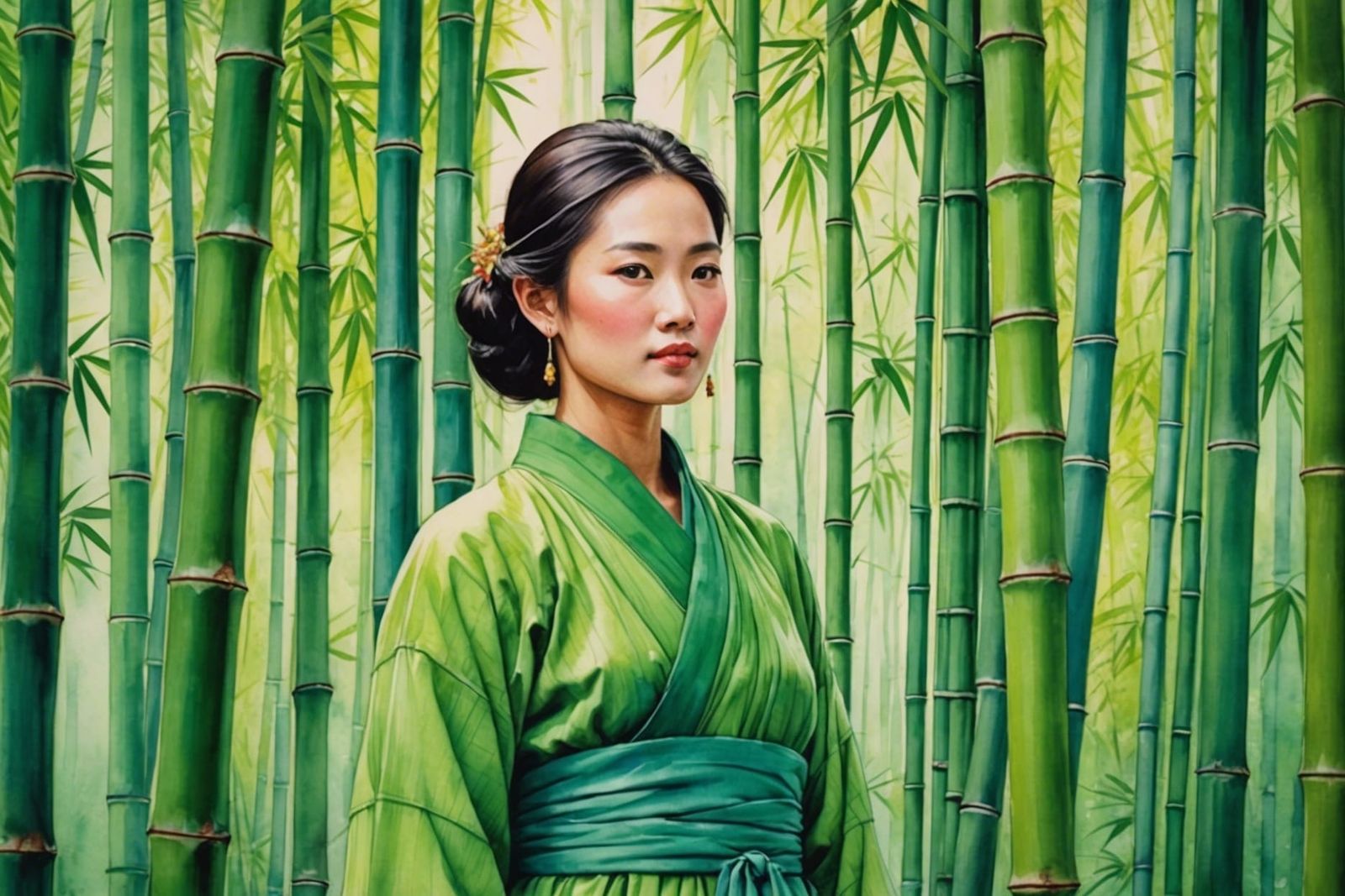 Asian Woman in Bamboo Forest Watercolor Painting