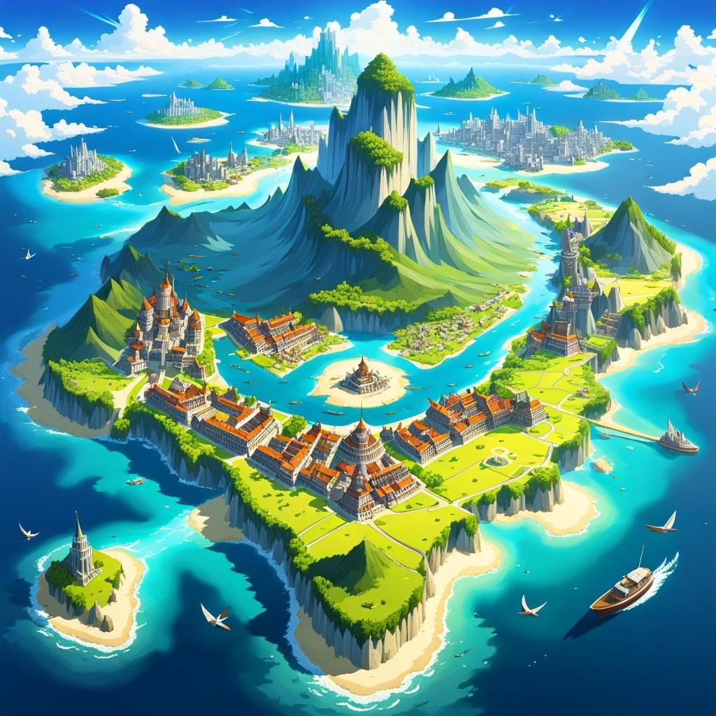 Anime Style Fantasy World Map with Island