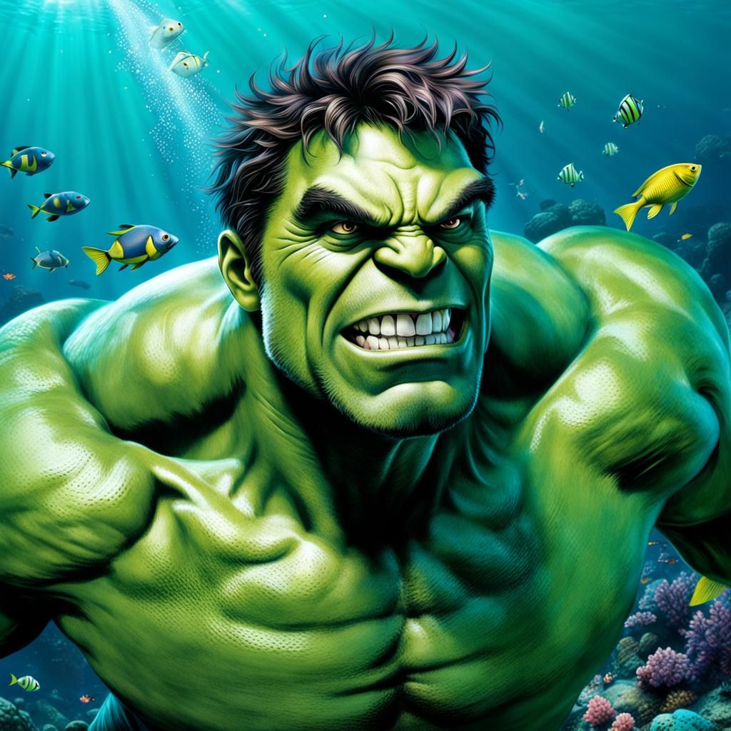 Hulk Scuba Diving Underwater with Fish