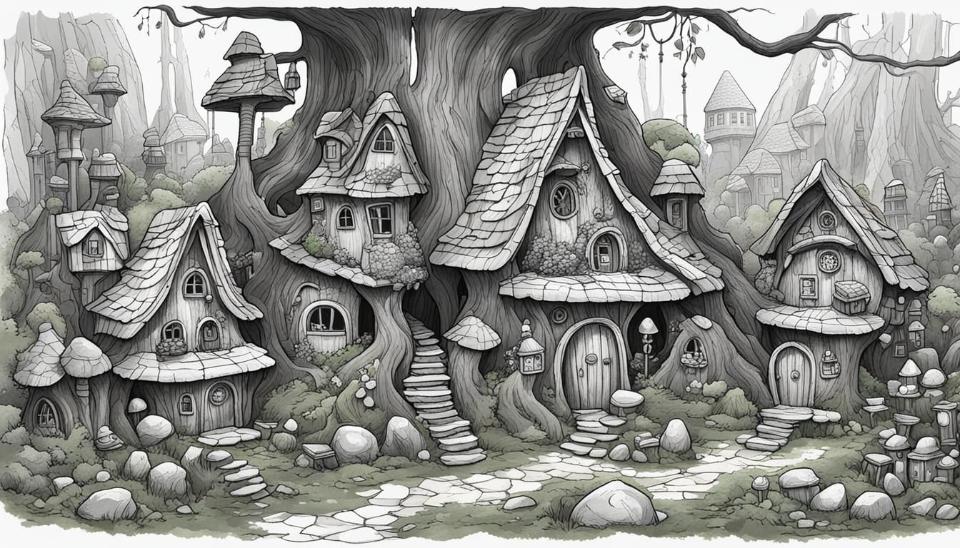 black and white doodle art Gnome’s Burrow Village: A world of underground burrows with homes carved into tree roots, mos...