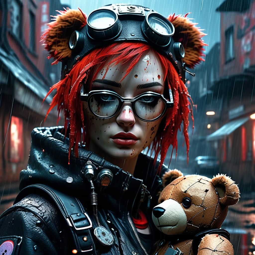 Cyberpunk Girl Protects Teddy Bear in Rainy Alley