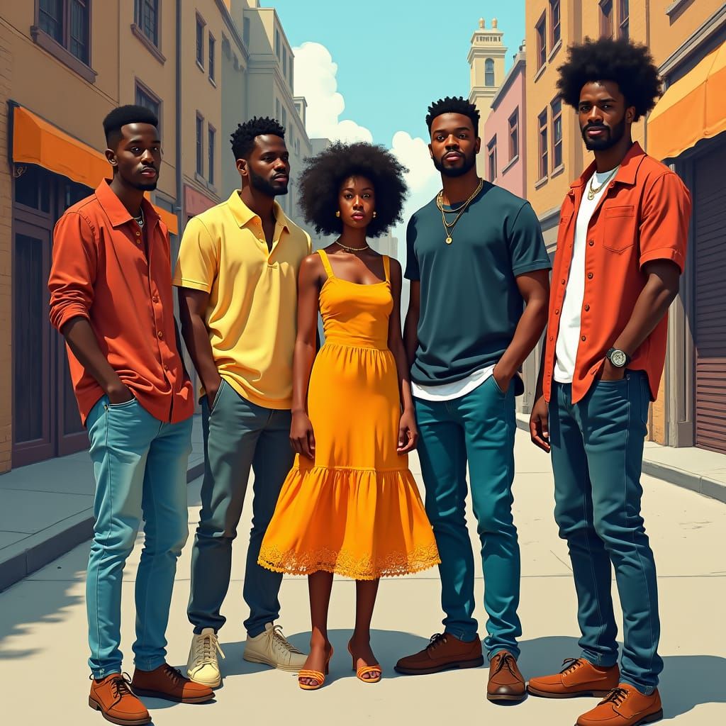 Vibrant City Scene with Figures in Contemporary Style