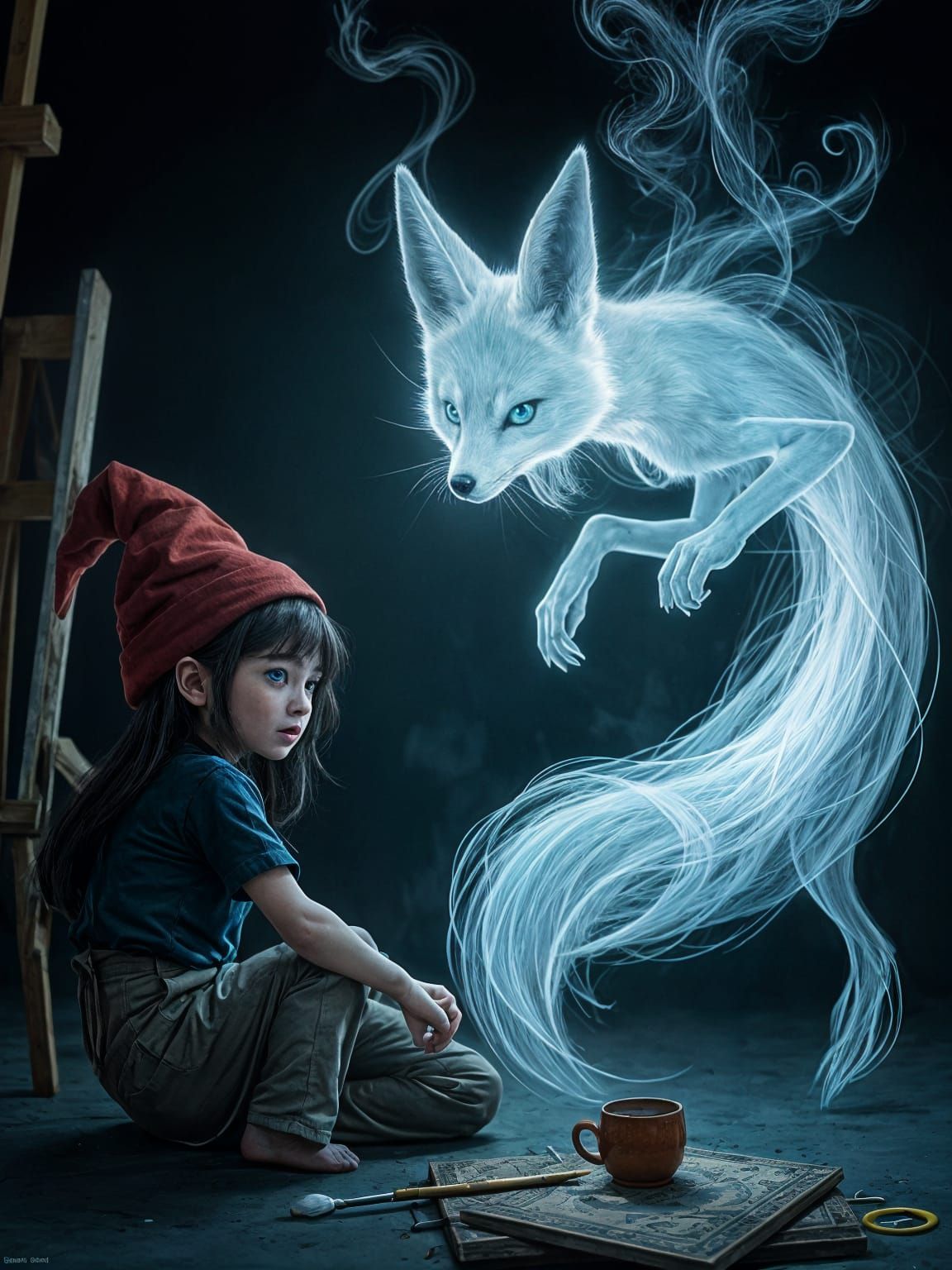 Fox Spirit Torments Gnome Girl: Digital Illustration