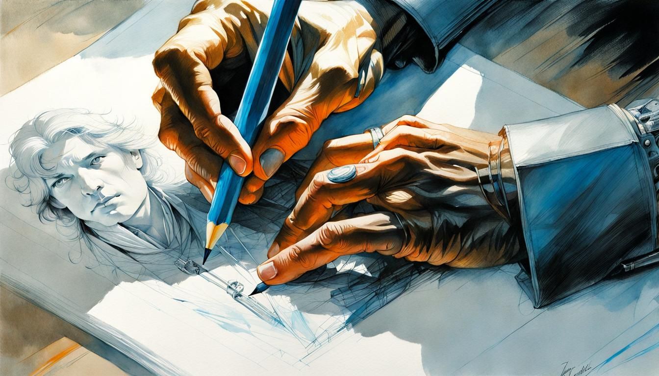 Hand Drawing Hand: Watercolor Line Art