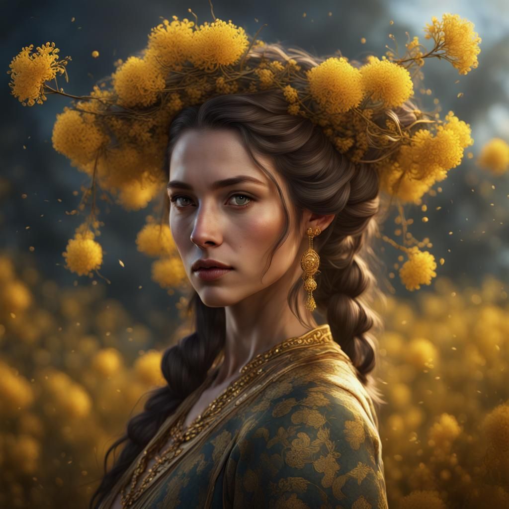 Australian lady hair adorned with golden wattle flower