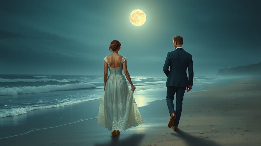 Victorian Couple Stroll on Bioluminescent Beach