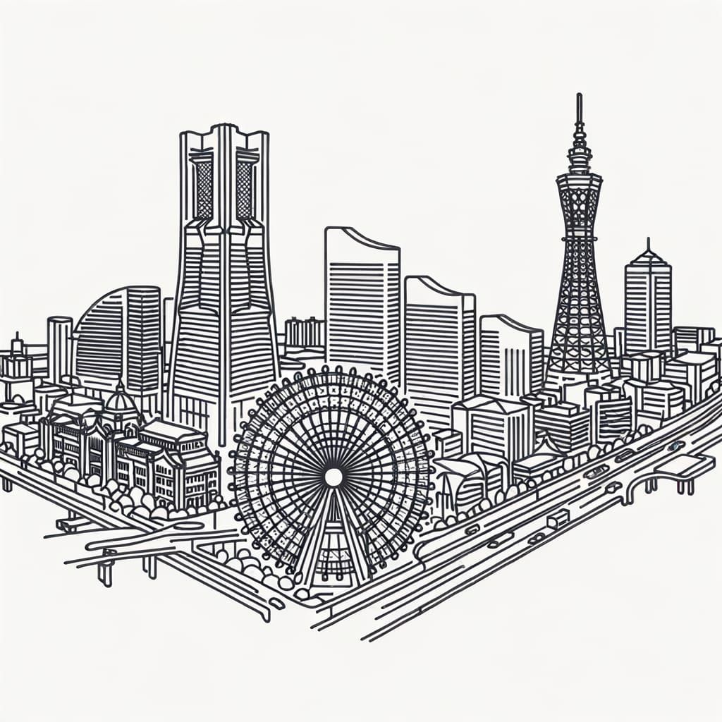 Yokohama Cityscape: Single Line Doodle Art