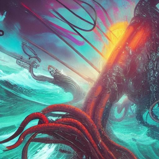 Kraken Attacks Pirate Ship in Cyberpunk Style