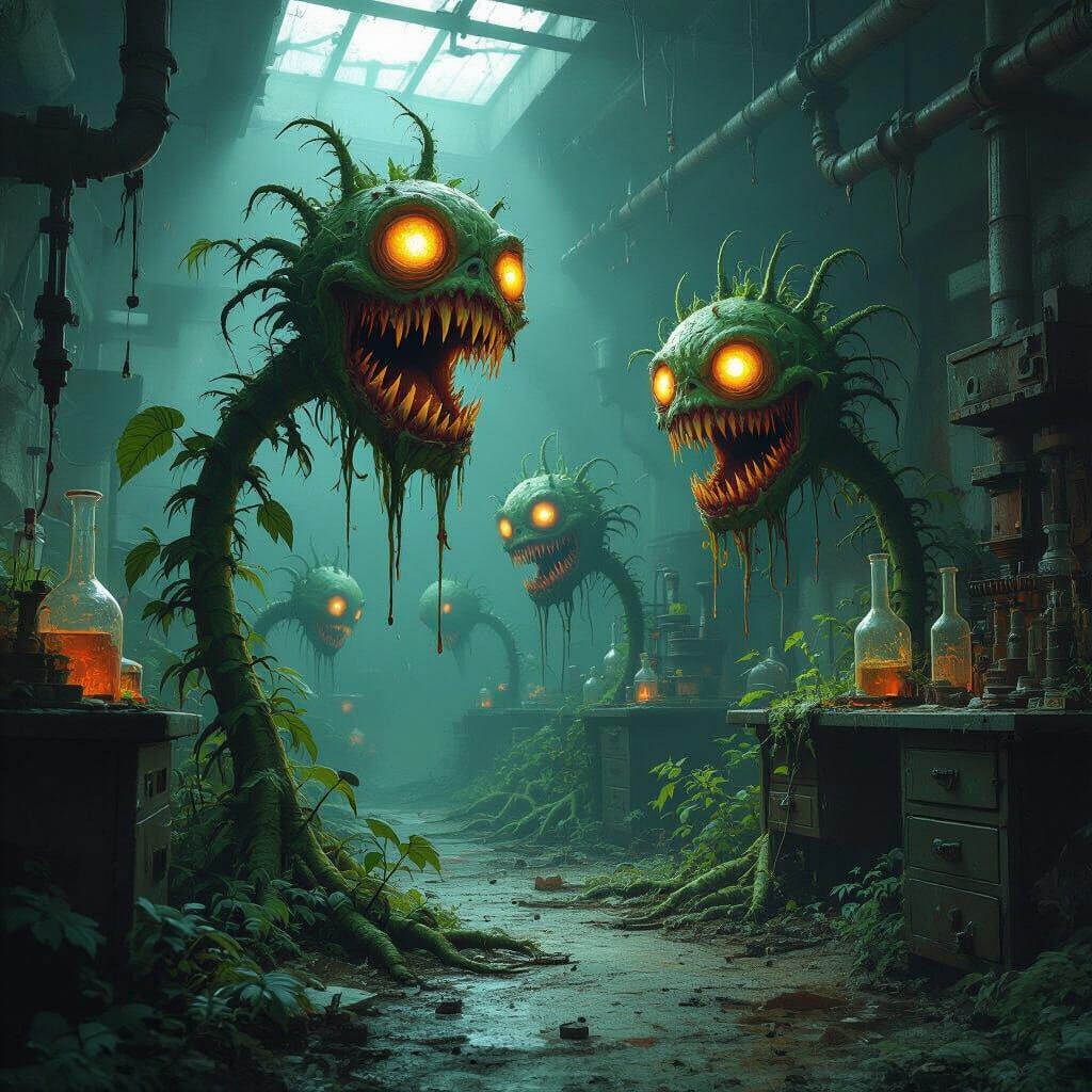 Overgrown Lab with Twisted Experimental Plants