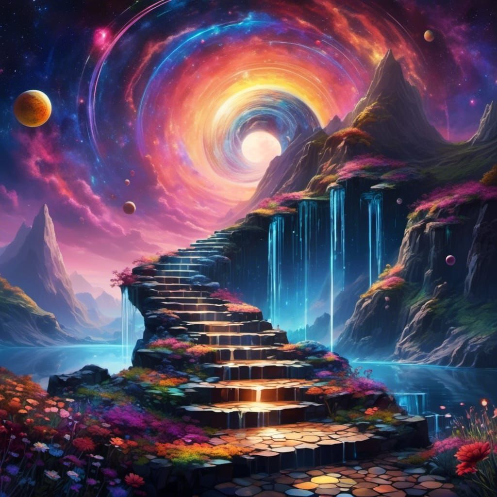Cosmic Stairway to a Glowing Portal in 3D