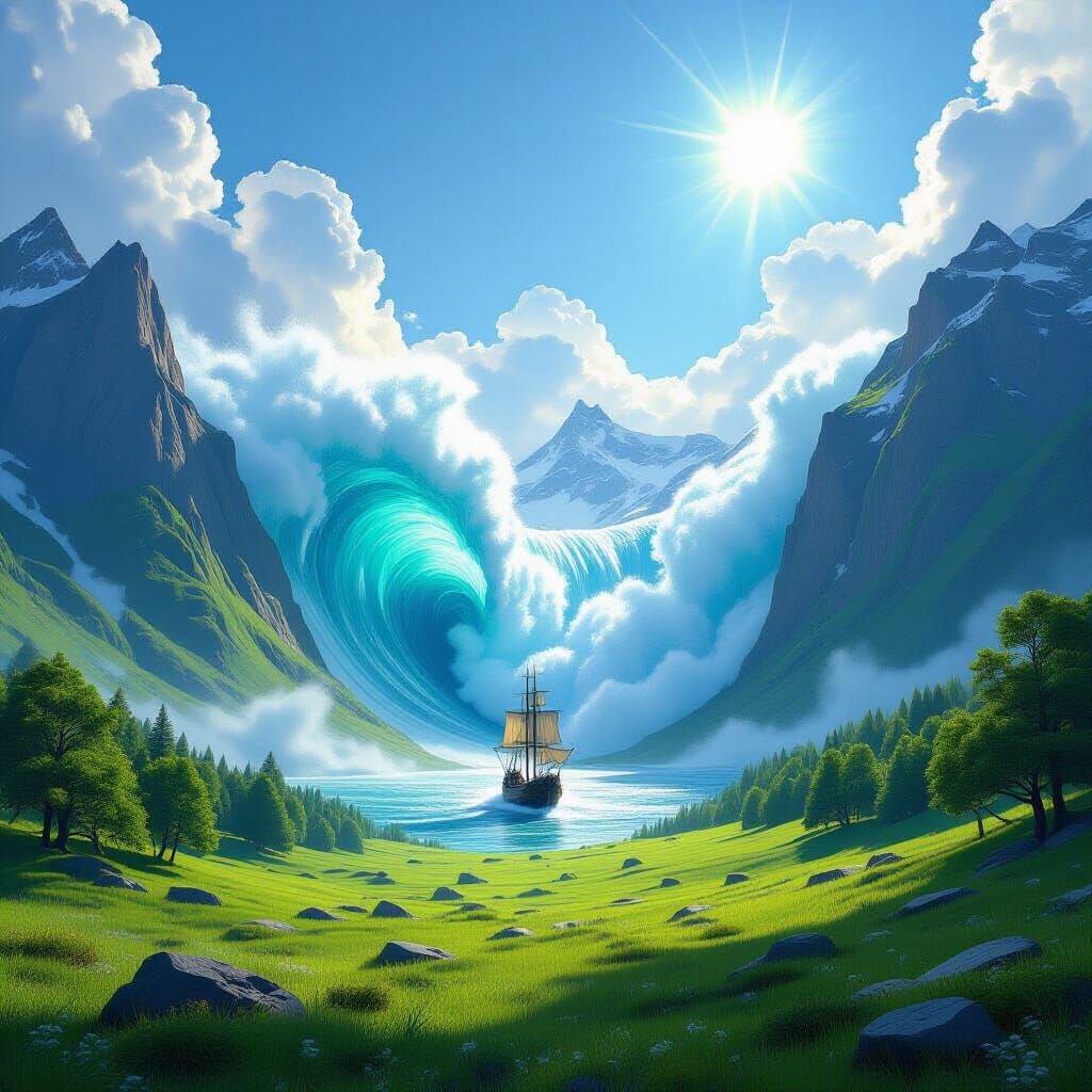 Colossal Wave Over Mountains in Epic Fantasy Art Style