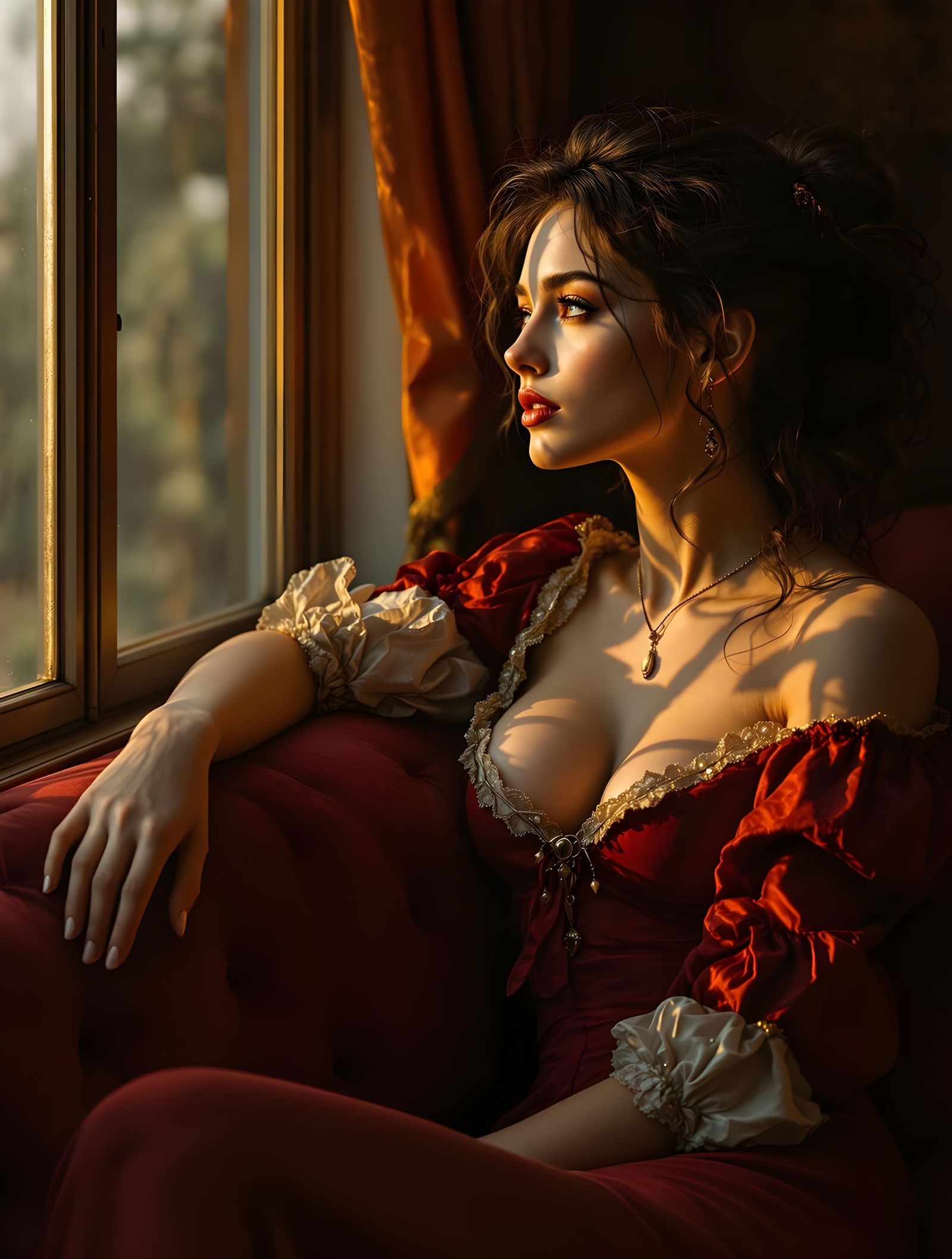 A Chiaroscuro Portrait of Elegance in a Renaissance Setting