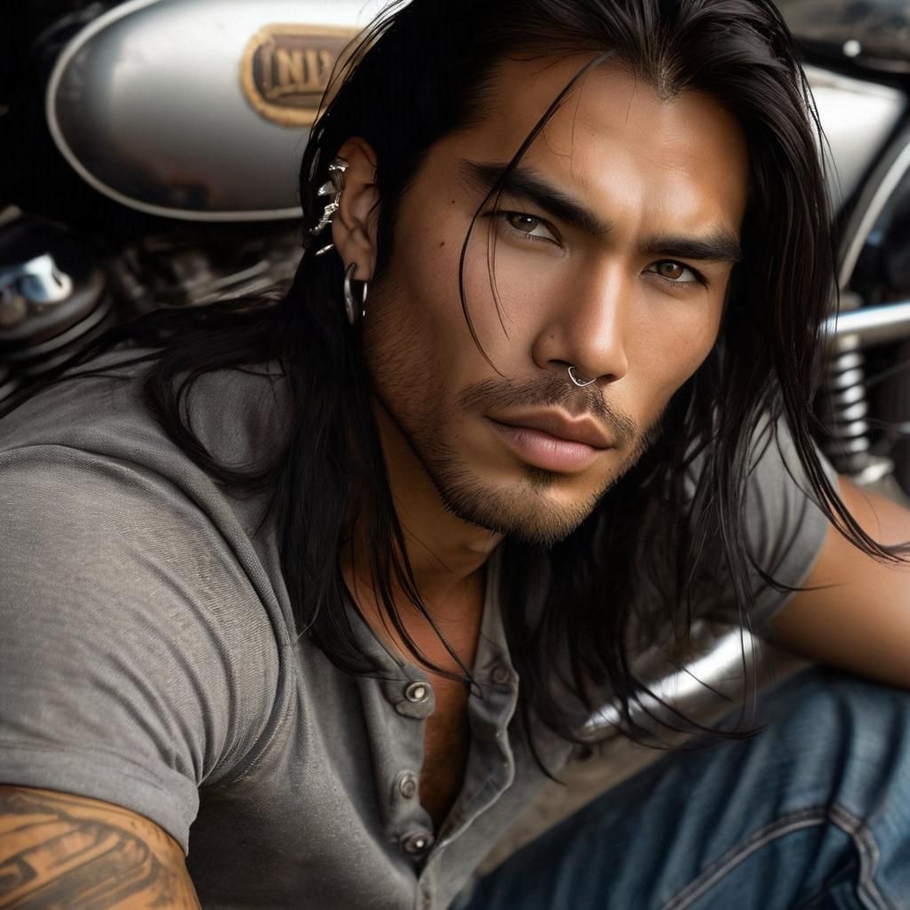 Handsome Inuit Man on Motorcycle, Detailed Portrait