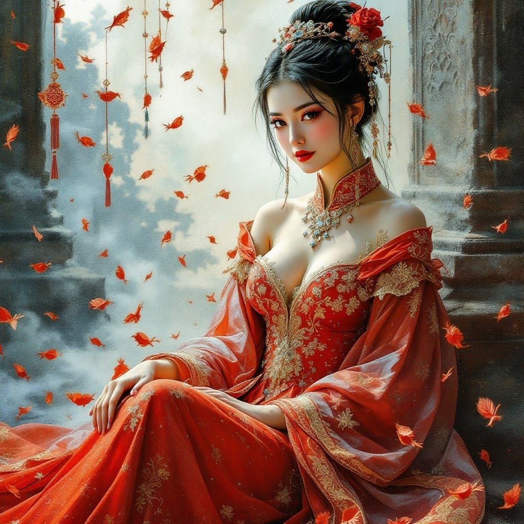 Traditional Chinese Bride in Luxury Hanfu Red Dress with Int...