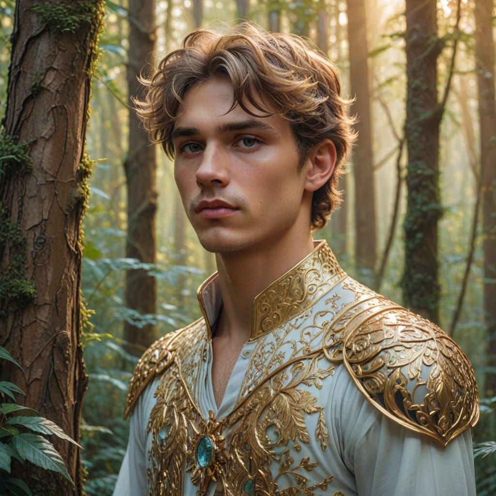 Young Man in Magical Forest, Alphonse Mucha Style