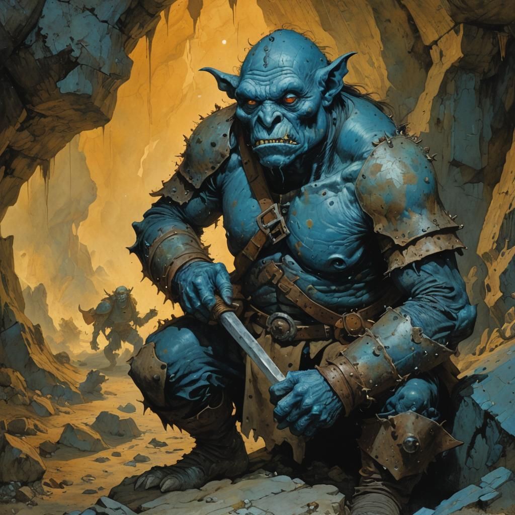 Sinister Blue Goblin in a Dark Cavern