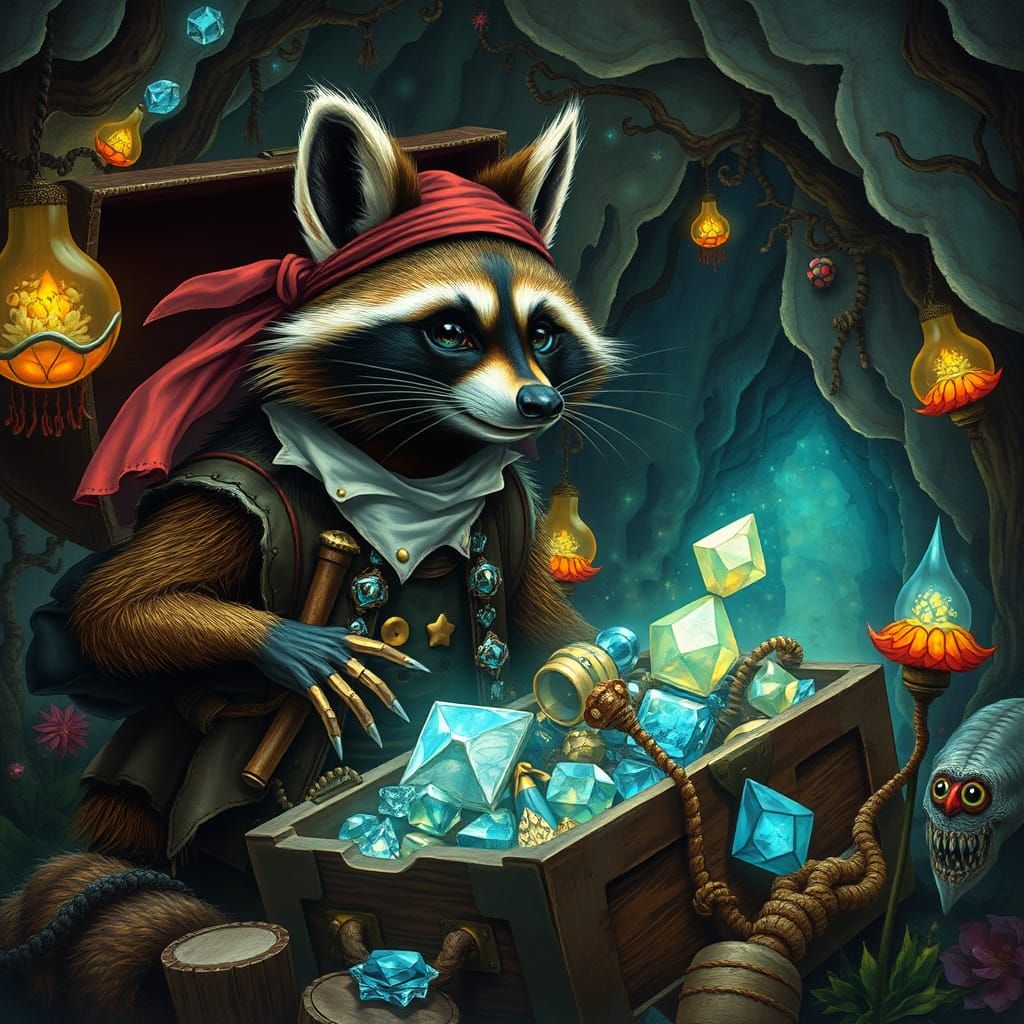 Raccoon Pirate Guards Treasure in Bioluminescent Grotto