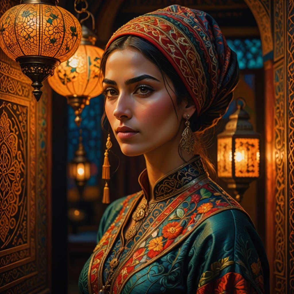 Confident Arab Woman in Warm Golden Light Oil Painting