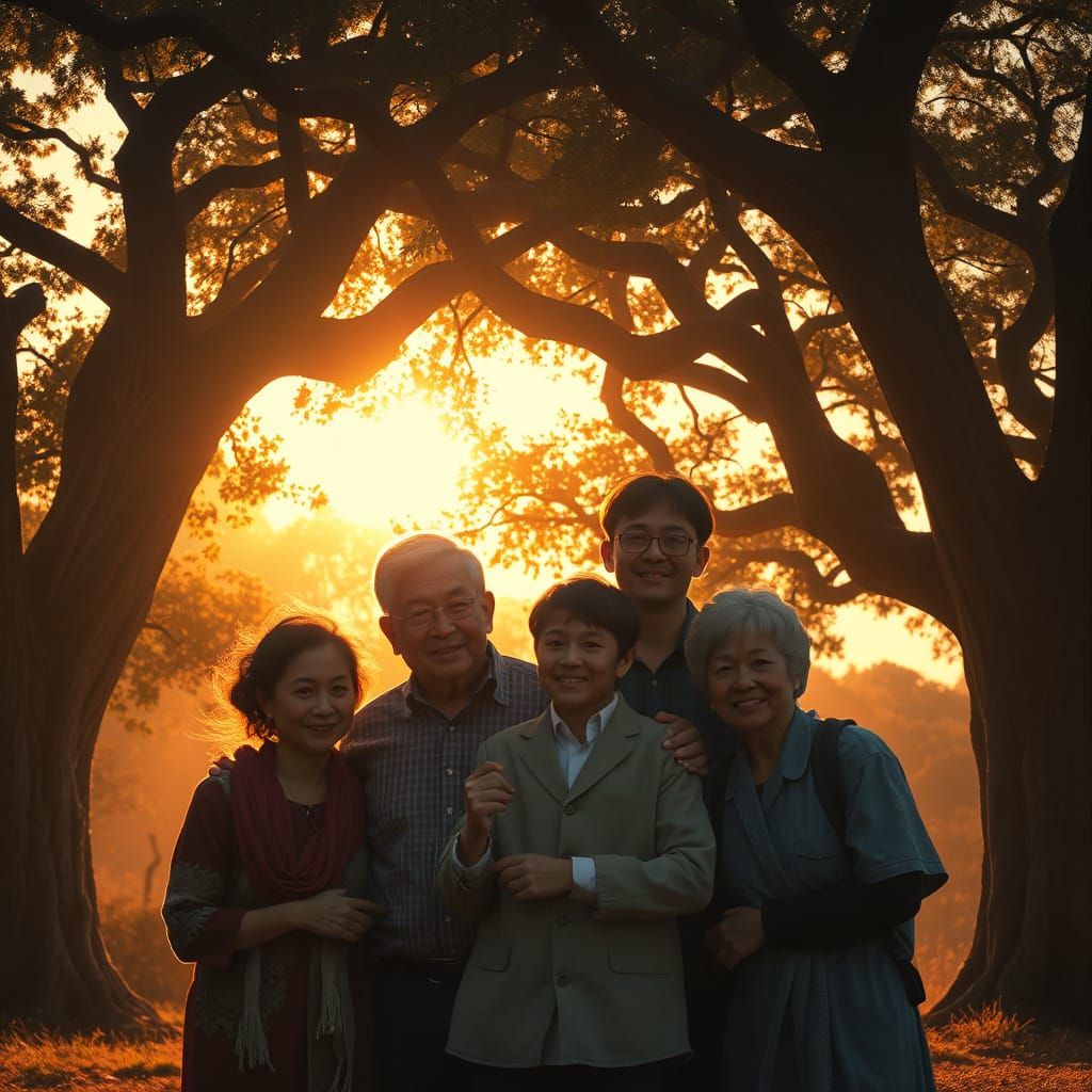 Family Sunset Gathering Under Trees in Serene Style