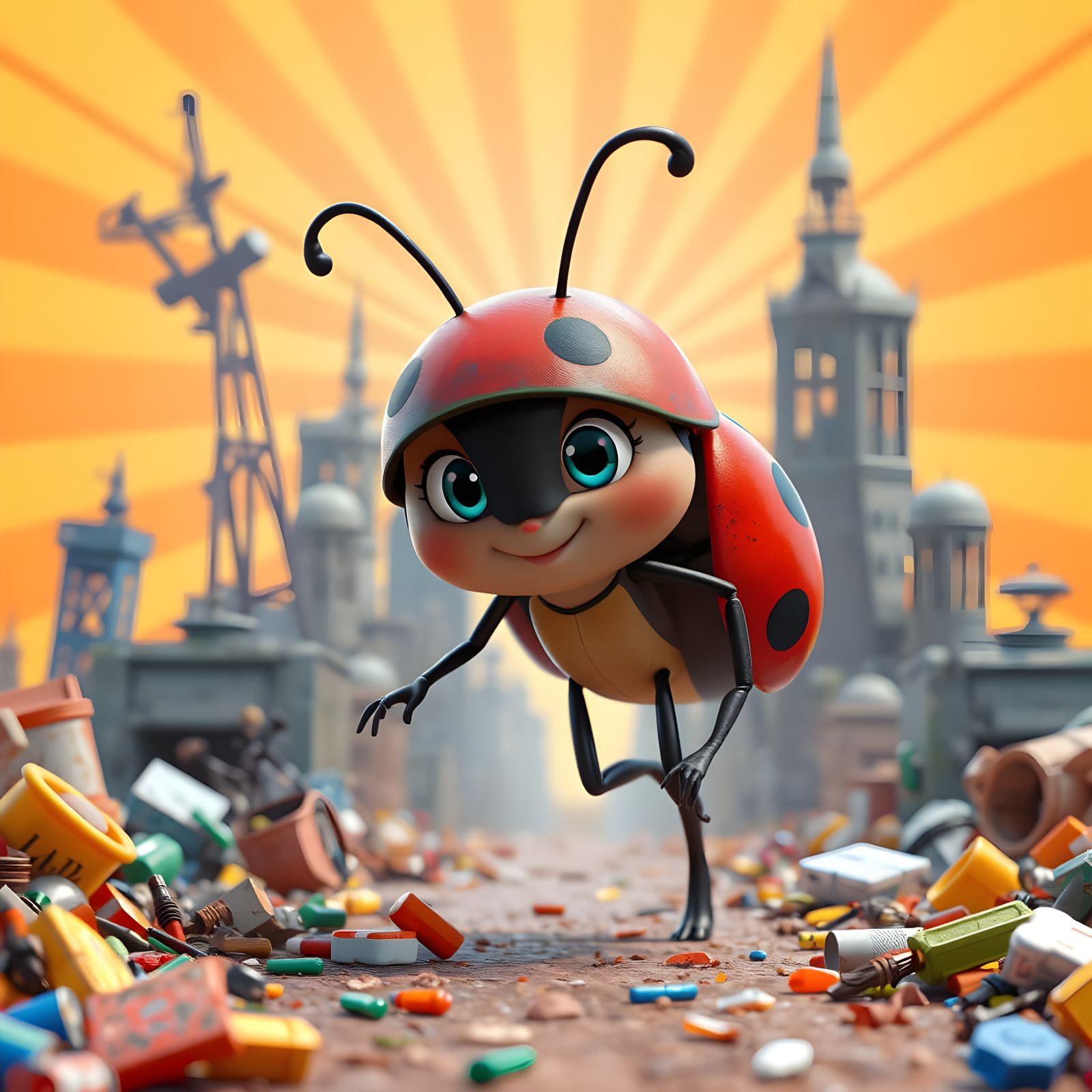 Ladybug Cartoon in Trash City: Pixar-Style 3D Art