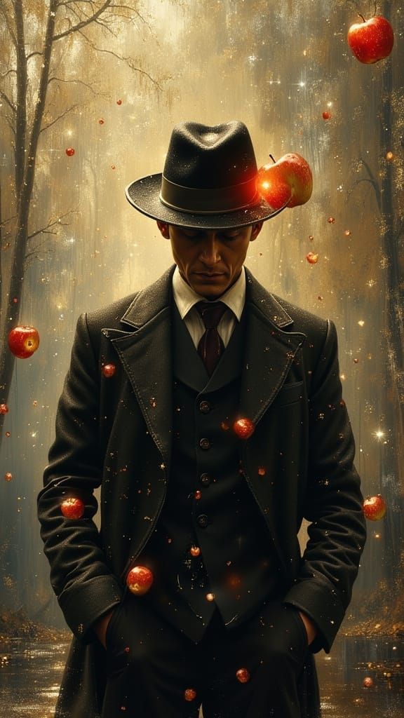 Surreal Portrait of Man with Apple in Magritte Style