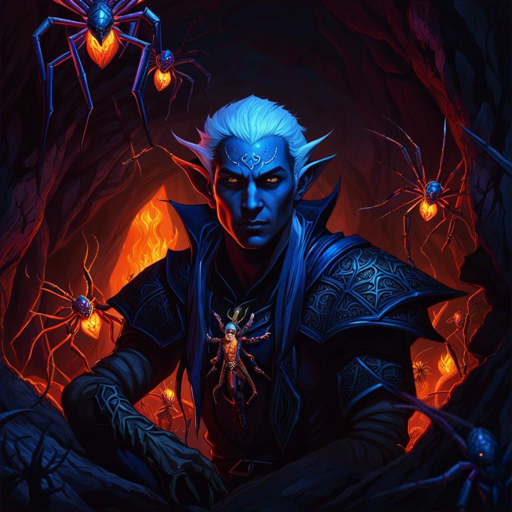 Drow Elf Surrounded by Spiders in Cavern