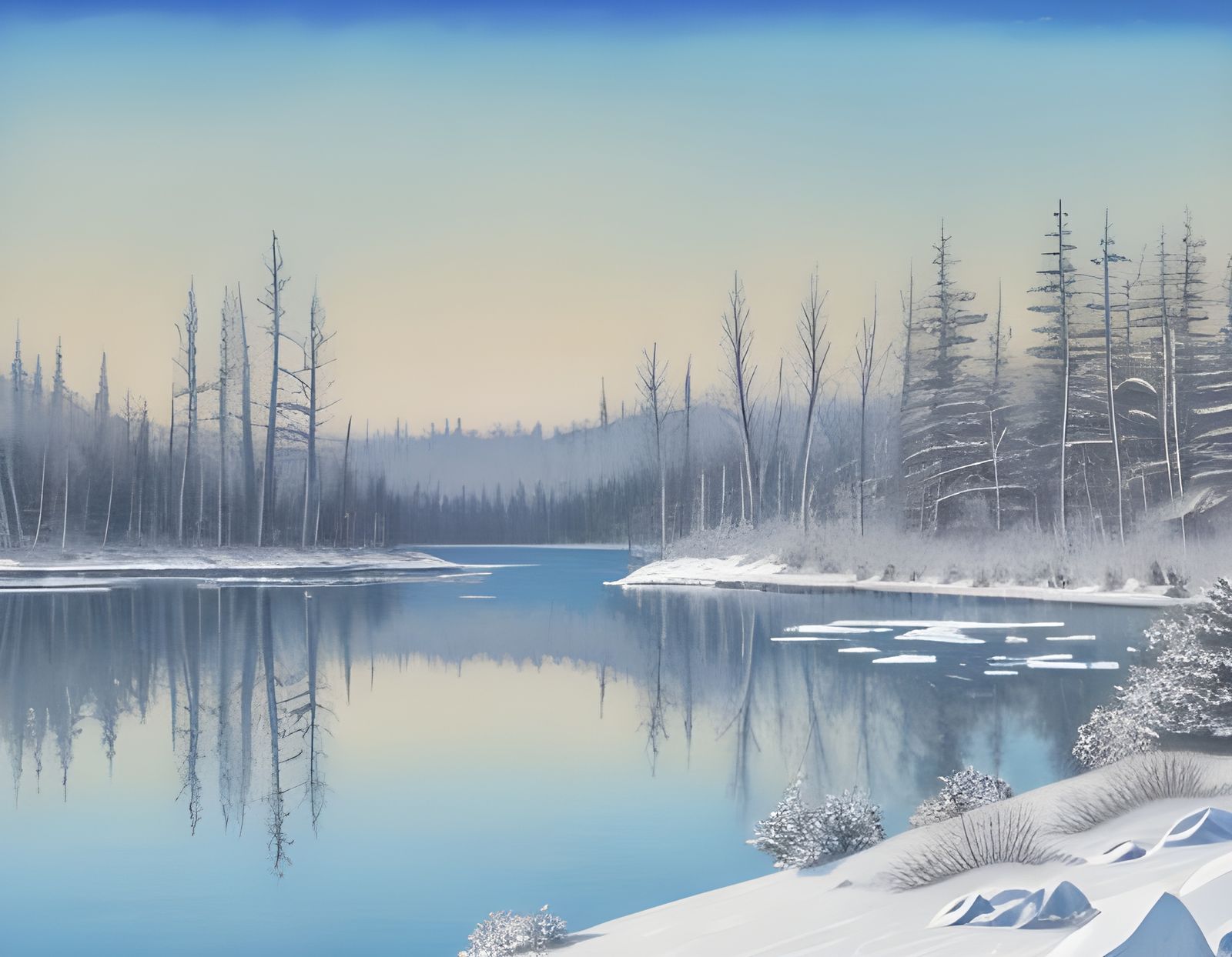 Minnesota Winter Lake in Gouache Watercolor Style