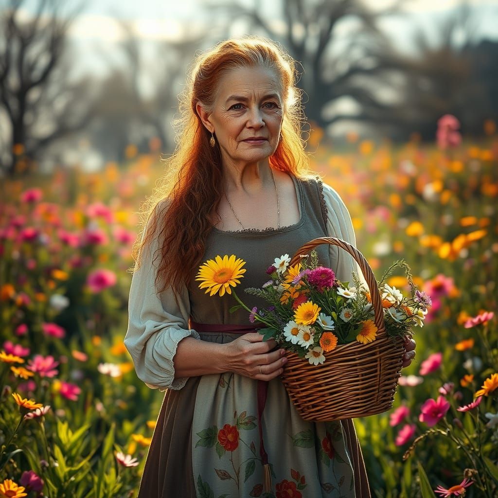 Medieval Woman in Spring Meadow, Matte Painting Style